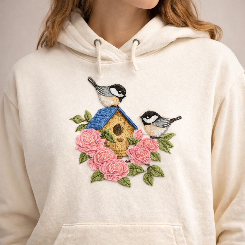 Blooming Chickadee Birdhouse Embroidered Patch – Nature-Inspired Iron-On or Sew-On Art, 6.9” x 6.26”, Made in USA