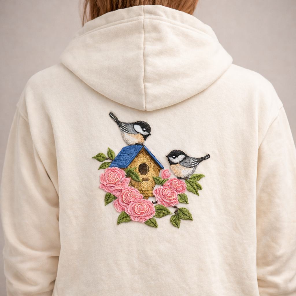 Blooming Chickadee Birdhouse Embroidered Patch – Nature-Inspired Iron-On or Sew-On Art, 6.9” x 6.26”, Made in USA