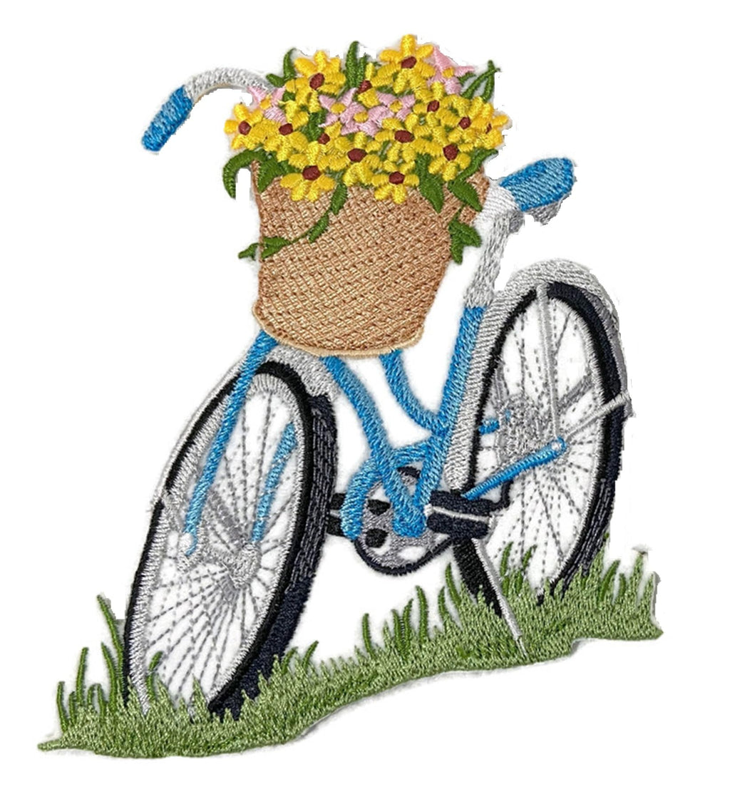 Custom and Unique Spring Blooms with Vase [Bicycle Built for Bloom ] Embroidered Iron on/Sew Patch (5.54" x 4.86") [Made in USA]