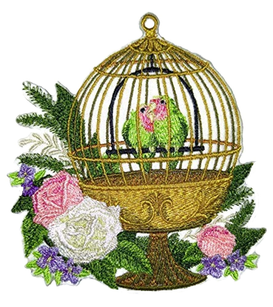 Naturaleza entretejida en hilos, Reino de las aves asombrosas [Agapornis con jaula] [Personalizado y único] Parche bordado para planchar o coser [5,28" x 4,85"] [Hecho en EE. UU.]