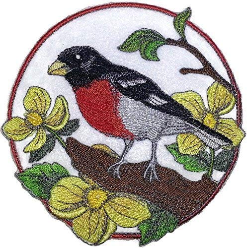 Naturaleza entretejida en hilos, Reino de las aves asombrosas [Picogrueso pechirrosa y amapola leñosa] [Personalizado y único] Parche bordado para planchar o coser [5,83" x 5,86"] [Hecho en EE. UU.]