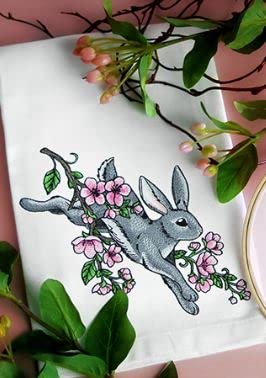 Custom Woodland Springtime Rabbit Embroidery Iron On/Sew Patch (10.47" x 6.85")