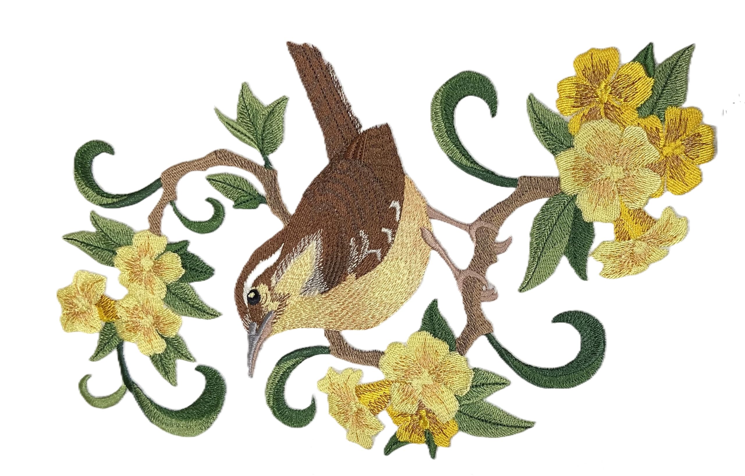Custom South Carolina Great Carolina Wren and Jessamine Bird Embroidery Iron On/Sew Patch - Beyond Vision (7" x 11.11")