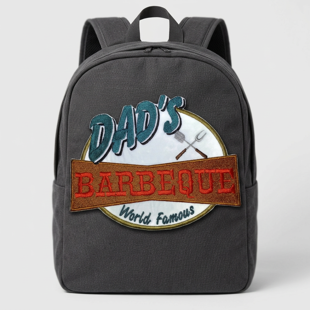 Dad’s Barbeque patch on a charcoal backpack