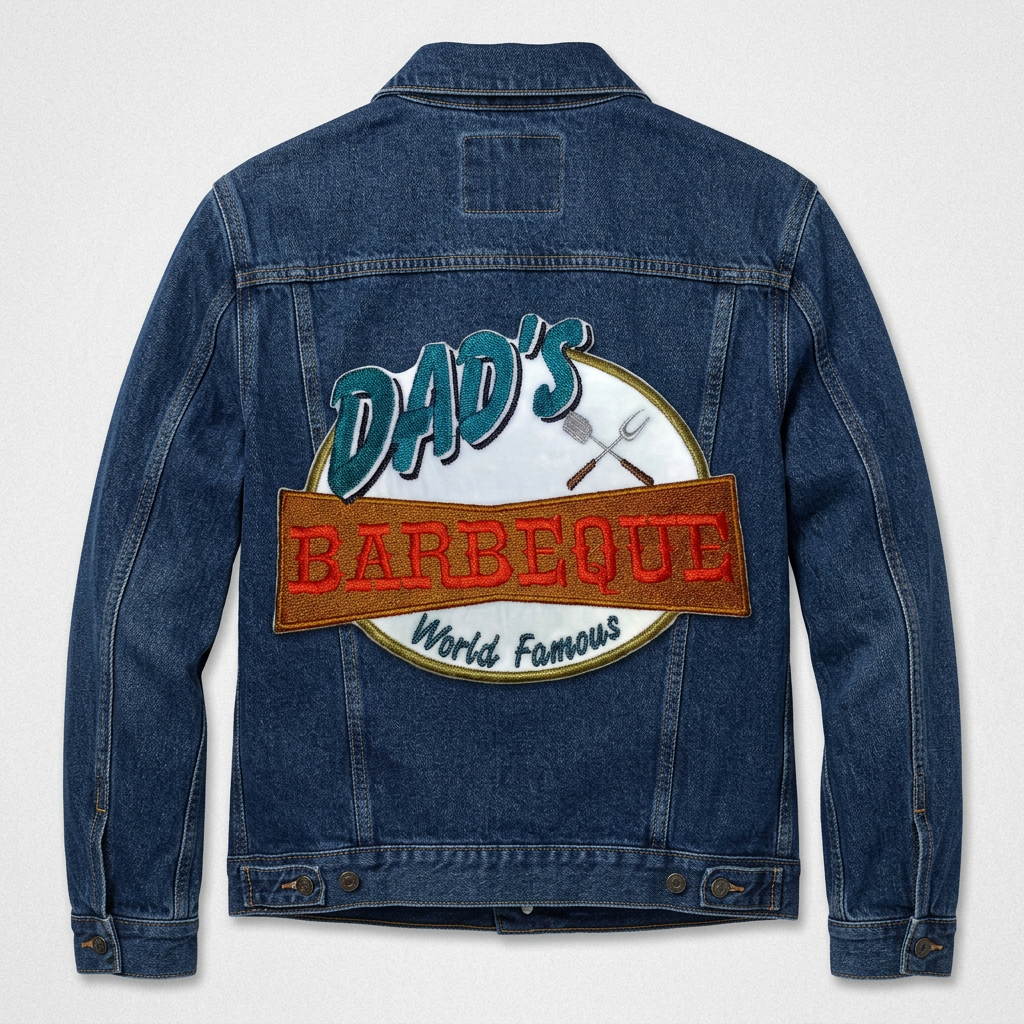 Dad’s Barbeque patch on a navy jacket