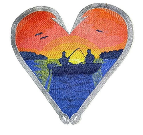Parche bordado para planchar o coser "Vamos a pescar" de BeyondVision, personalizado y único [Corazón de pesca, Barco de pesca] [20 x 19,5 cm], hecho en EE. UU.