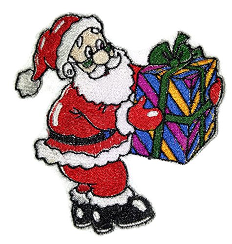 BeyondVision Feliz Navidad [Papá Noel con caja de regalo] Parche bordado para planchar o coser [5" x 5.5"] [Hecho en EE. UU.]