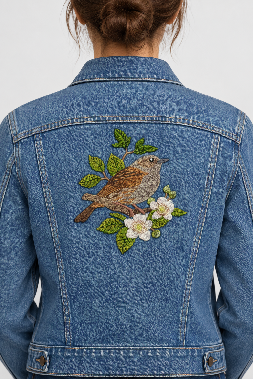 Dunnock on Blackberry Branch embroidered iron-on patch