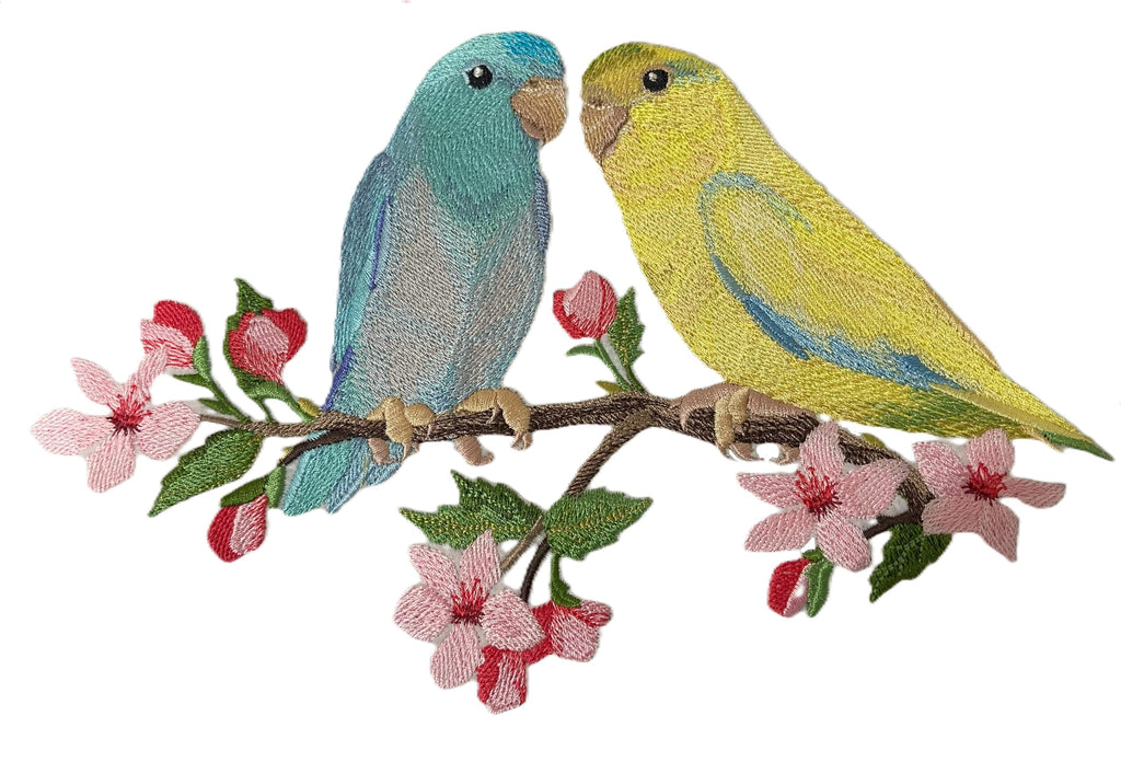 Pájaros personalizados: periquito en una rama de cerezo en flor, más allá de la visión [26,5 x 17,5 cm]