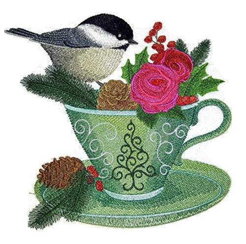 Custom Festival Chickadee and Christmas Tea Embroidered Iron on/Sew Patch (6.9" x 7.32") [Made in USA]