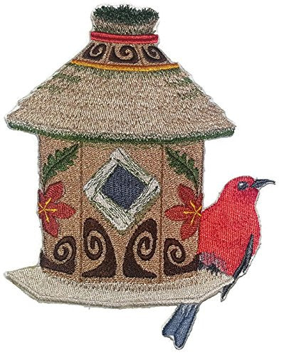 Parche bordado para planchar o coser BeyondVision, personalizado y único, con diseño de casa de pájaros [Casa de pájaros Tiki con apapane] [18 x 13,5 cm] [Hecho en EE. UU.]