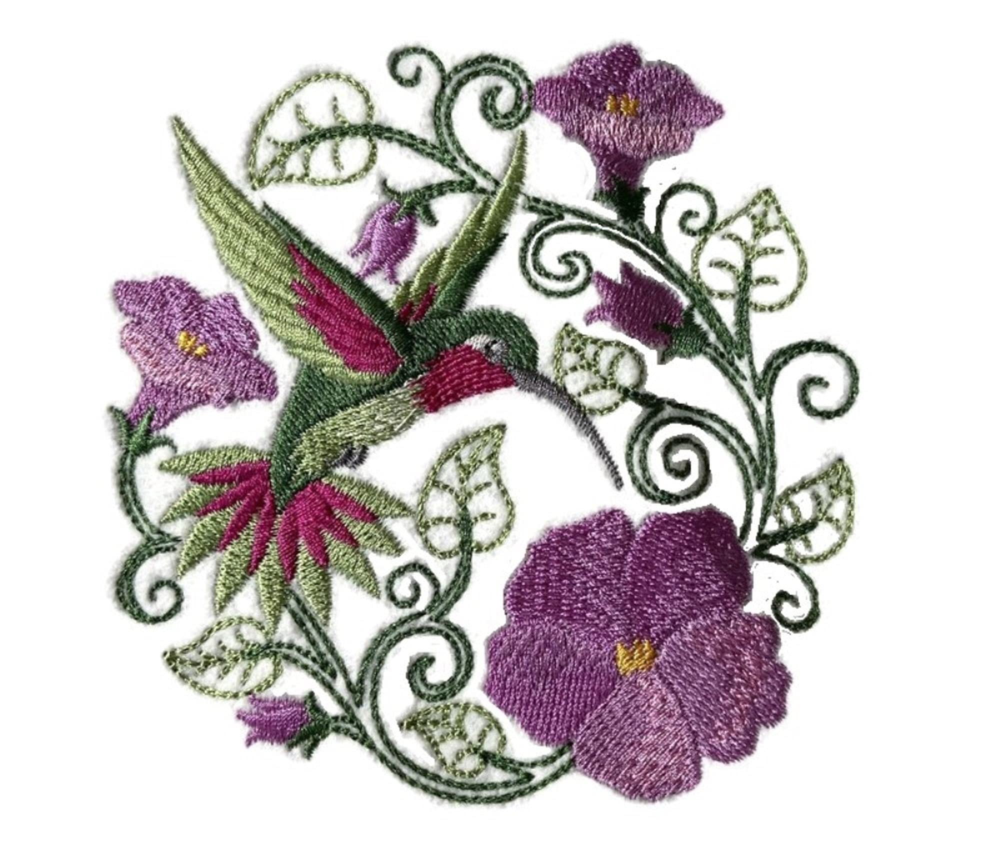 Naturaleza entretejida en hilos, Reino de las aves asombrosas [Colibrí con círculo de flores] [Personalizado y único] Parche bordado para planchar o coser [5" x 5"] [Hecho en EE. UU.]