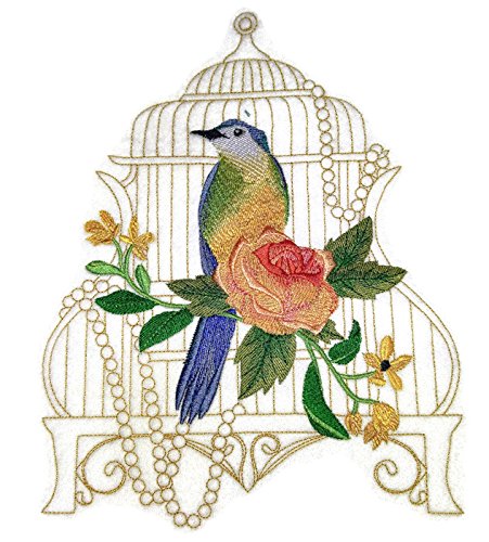 Naturaleza entretejida en hilos, Reino de las aves asombrosas [Jaula con pájaro azul] [Personalizado y único] Parche bordado para planchar o coser [8.82" x 6.85"] [Hecho en EE. UU.]