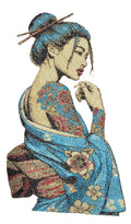 Embroidered patch of a woman in a traditional kimono with floral patterns on a white background