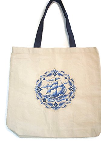 Bolso de playa/tote de lona natural resistente BeyondVision Custom de 22" con diseño de barco alto en azul Delft
