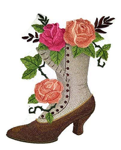 Victorian Boot with Roses Embroidered Patch Large (6.66" x 7.8") in | Iron-On or Sew-On | Vintage Floral Applique for Jackets, Bags & DIY Fashion