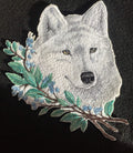 Wolf in Winter Branches (6.55" x 7.79") embroidered iron-on patch