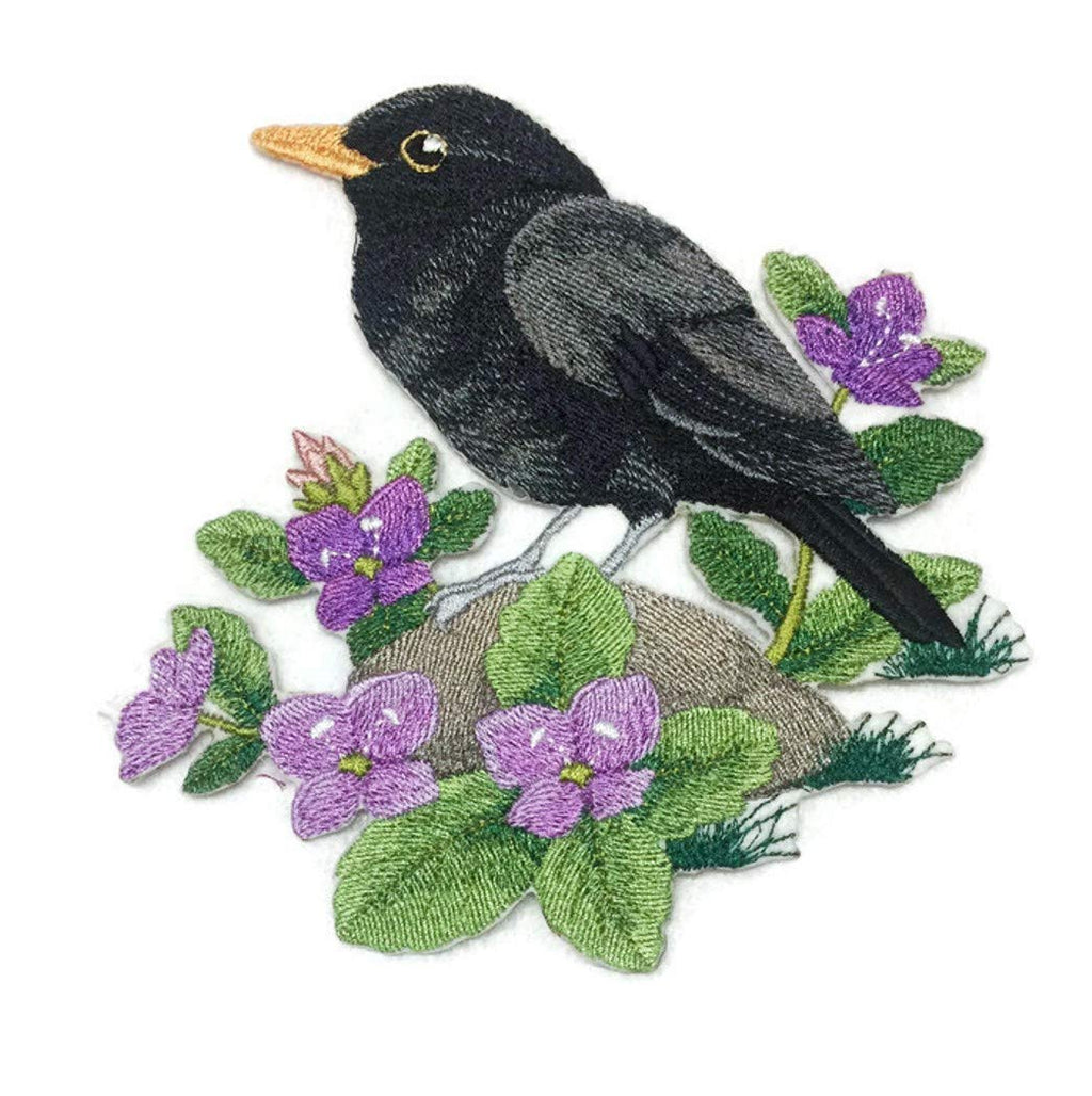 Nature Weaved in Threads, Amazing Birds Kingdom [British Blackbird and Brooklime] [Custom and Unique] Embroidered Iron on/Sew Patch (5.85" x 5.88") [Made in USA]