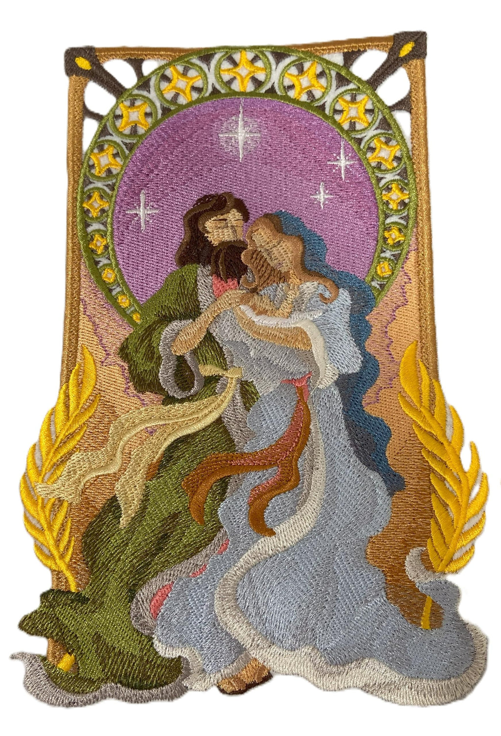 Parche bordado para planchar o coser de la Natividad Art Nouveau de María, José y Jesús [5,86" x 8,56"] [Hecho en EE. UU.]