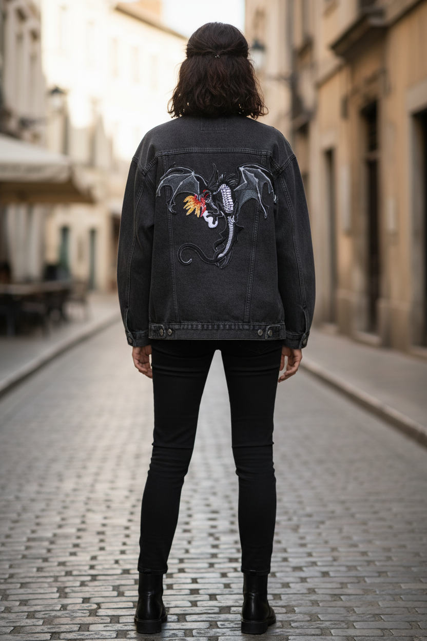 Editorial back view fashion photo with dragon patch