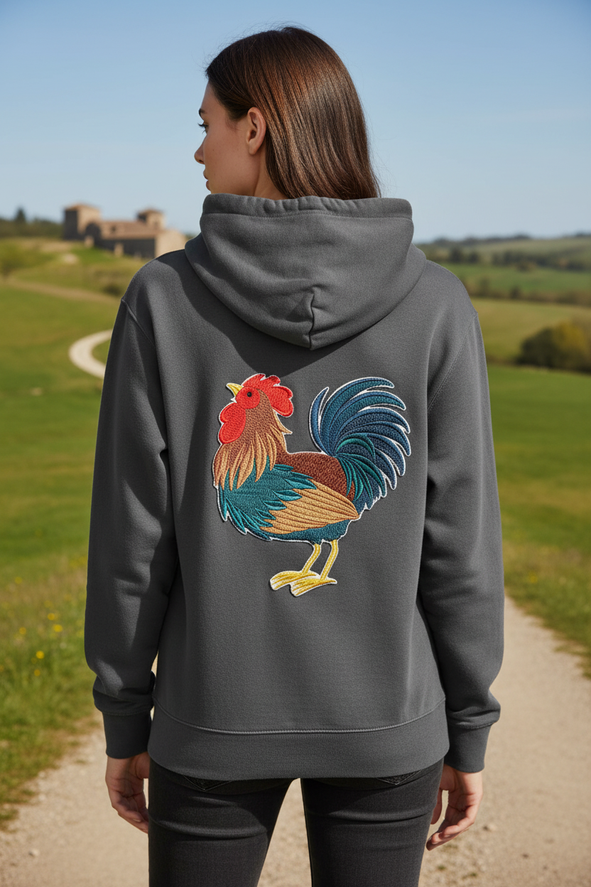Editorial back view fashion photo with rooster patch