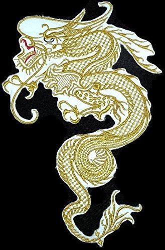 Gold embroidered dragon design on a black background
