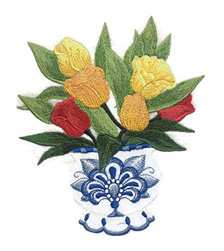 Custom and Unique Blooms Flowers with Vase [Delft Blue Tulips in Vase] Embroidered Iron on/Sew Patch (5.44" x 4.82") [Made in USA]