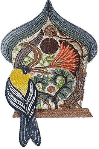 BeyondVision - Parche bordado termoadhesivo/cosido personalizado y único, con una increíble casa para pájaros [Casa para pájaros con jilguero, arte y artesanía] [19 x 13 cm] [Hecho en EE. UU.]