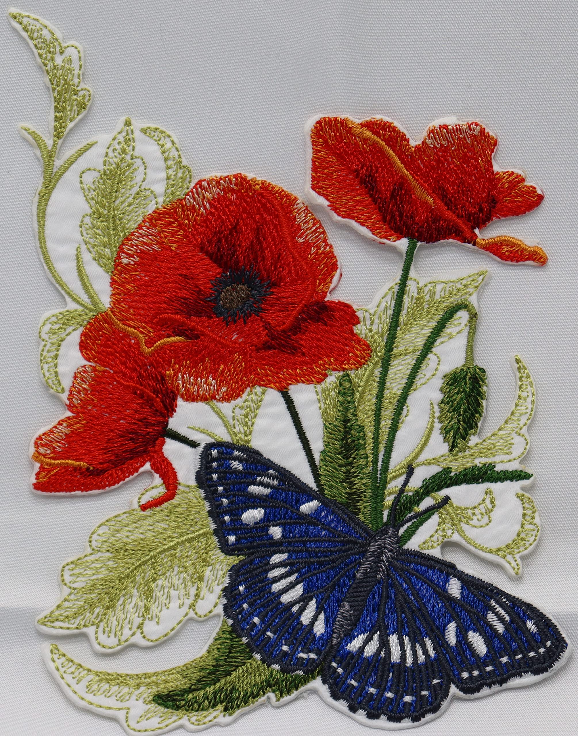 BeyondVision Custom and Unique Blooms and Butterflies [Southern White Admiral Butterfly and Poppies] Embroidered Iron on/Sew Patch (6.8" x 4.86") [Made in USA]