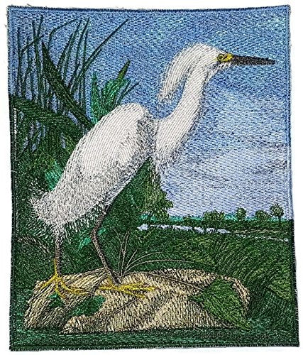 Nature Weaved in Threads, Amazing Birds Kingdom [ Snowy Heron] [Custom and Unique] Embroidered Iron on/Sew Patch (7" x 6") [Made in USA]