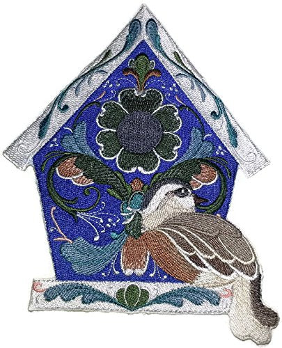 Casa para pájaros única y personalizada, increíble [Casa para pájaros Rosemaling con chorlito carambolo euroasiático] Parche bordado para planchar o coser [19 x 14 cm] [Hecho en EE. UU.]