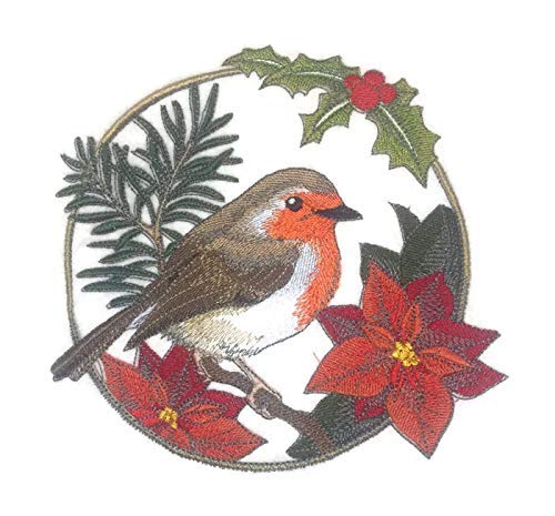 Embroidered design of a robin surrounded by holly leaves and poinsettias.