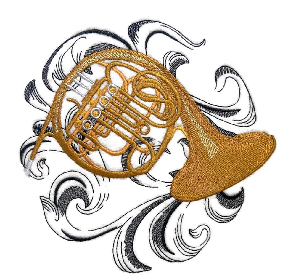 Instrumentos musicales [Corno francés con fondo barroco] [Personalizado y único] Parche bordado para planchar o coser [18 cm (ancho) x 17 cm (alto)] [Hecho en EE. UU.]