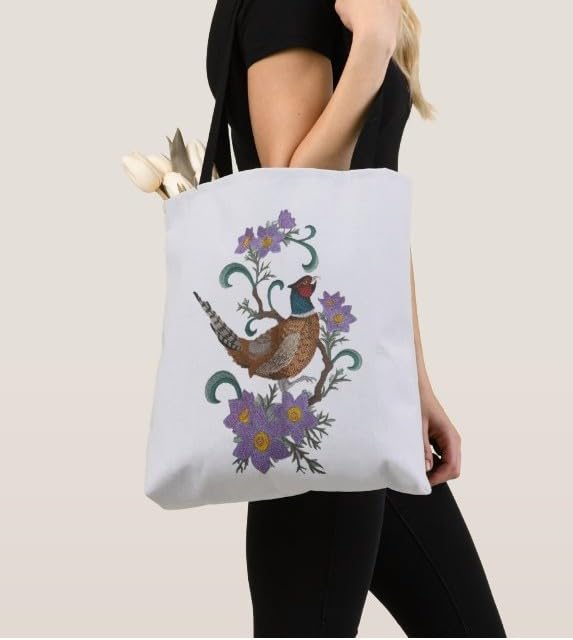 Custom South Dakota Ring-Necked Pheasant and Pasqueflower Medley Bird Embroidery Iron On/Sew Patch - Beyond Vision (6.99" x 10.18")