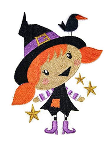 Parche bordado para planchar o coser "Feliz Halloween" (Winnifred, bruja y cuervo), personalizado y único, 12,3 x 16,8 cm [Hecho en EE. UU.]
