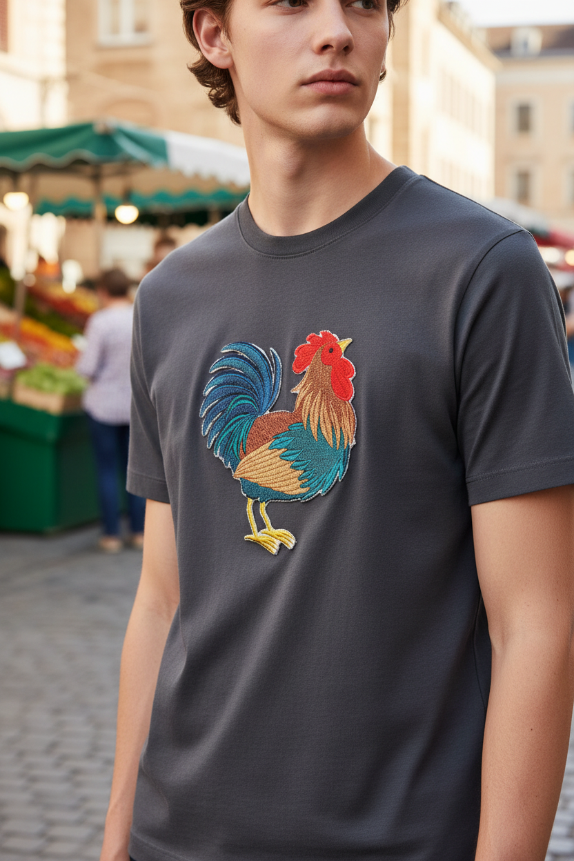 Fashion lifestyle photo with rooster patch