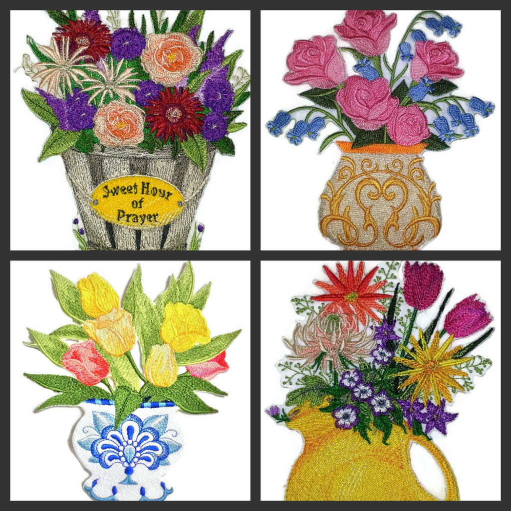 Parche bordado para planchar o coser con diseño de flores con jarrón, personalizado y único [Rosa Victoria y Campanillas Azules] [5,44" x 4,82"] [Hecho en EE. UU.]