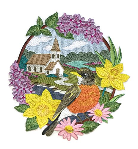 Nature Weaved in Threads, Amazing Birds Kingdom [Robin - Creek with Church] [Custom and Unique] Embroidered Iron on/Sew Patch [6.9" x "7.43"] [Made in USA]