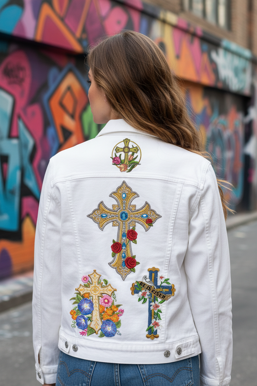 Female Model White Denim Jacket Back View with Holy Cross Patches