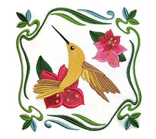 Nature's Bounty [Summer Flowers and Hummingbird] Embroidery Iron On/Sew patch (7.77" x 7.82")[Made in USA]