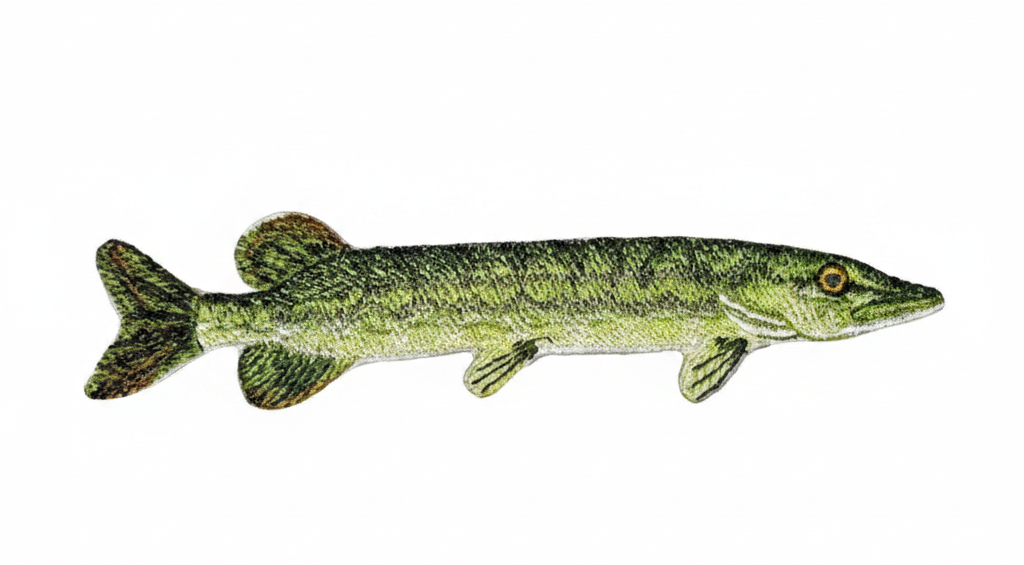 Northern Pike fish embroidered patch on a white background