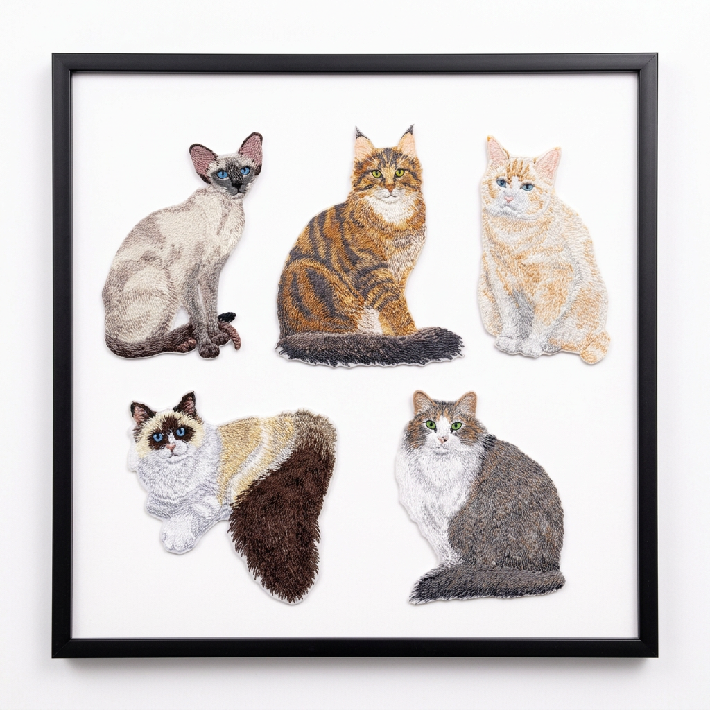 Five cat patches arranged in a single frame