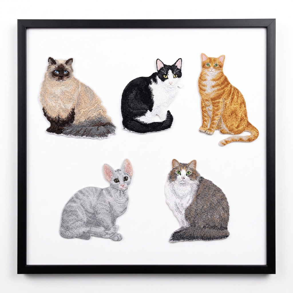 Five cat patches arranged in one frame