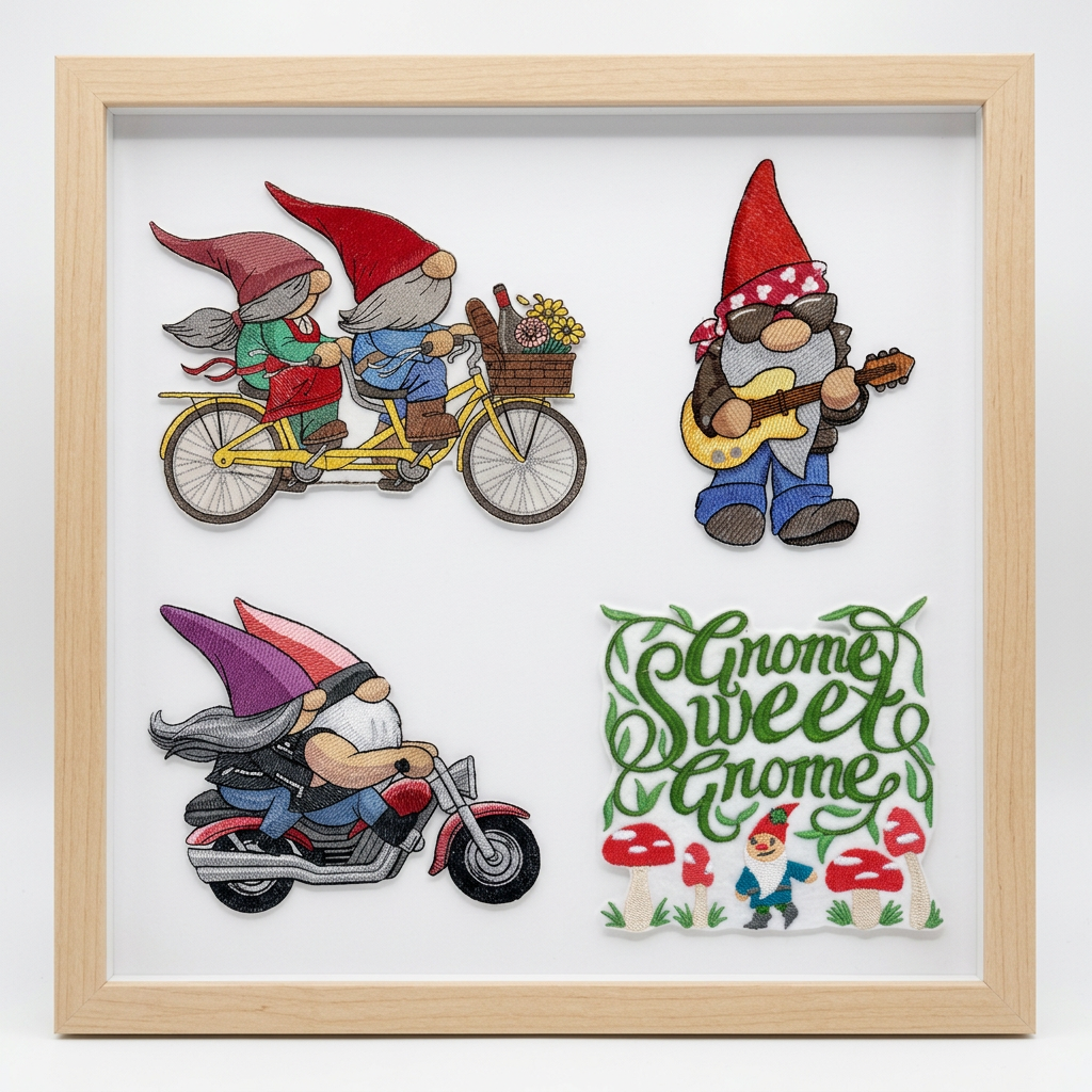 Four gnome patch designs arranged in a frame