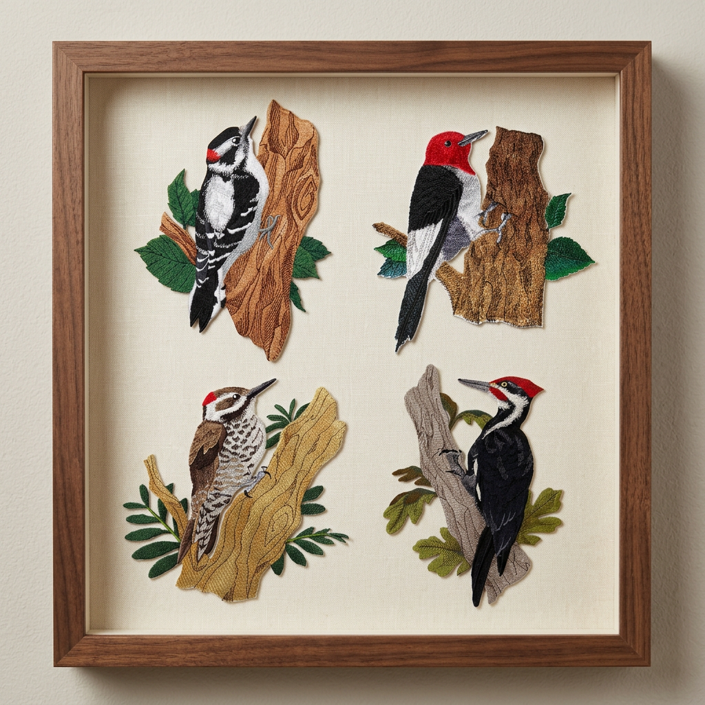 Four woodpecker patches arranged together in a walnut frame
