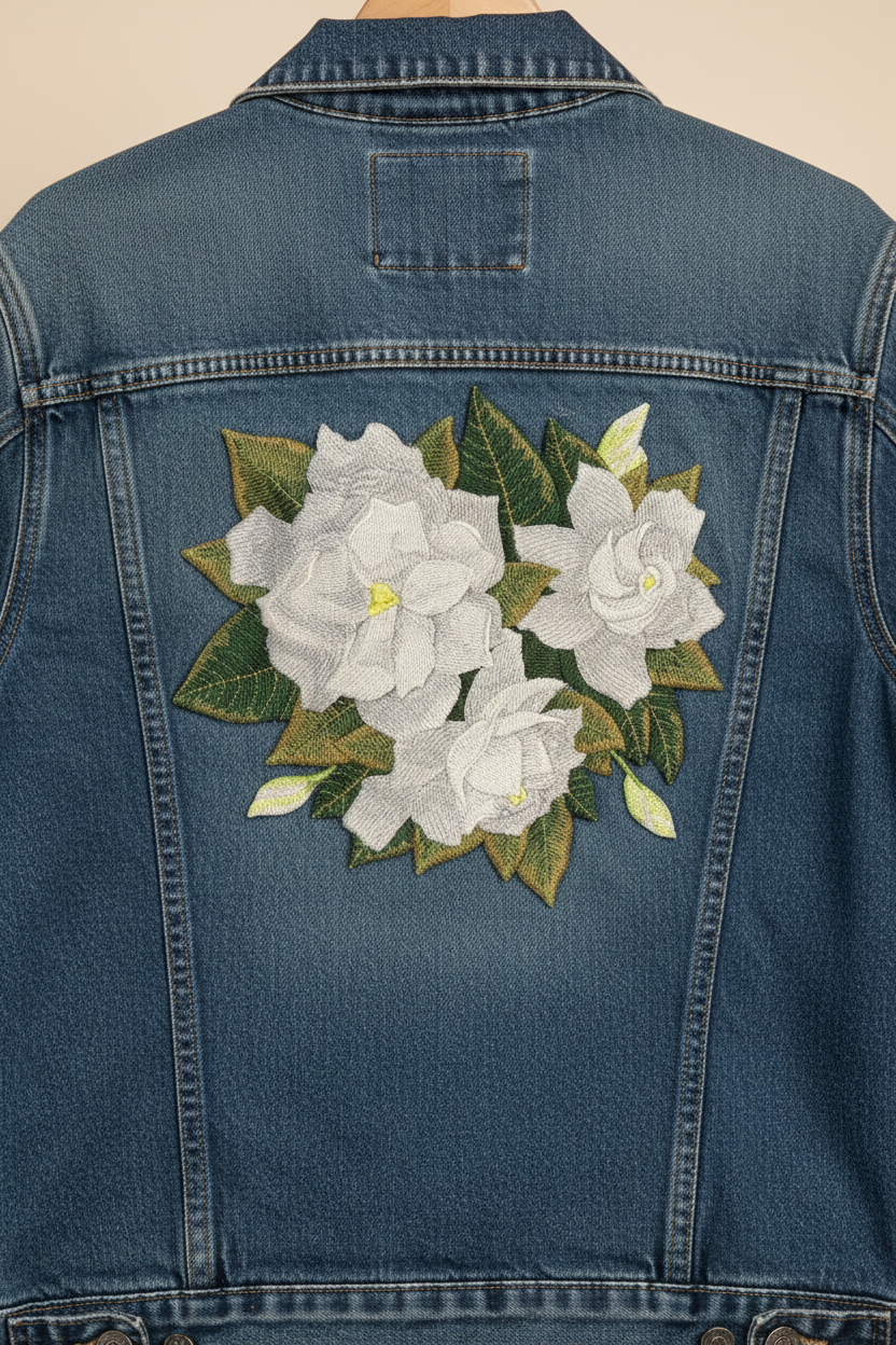 Gardenia Flower Bunch Large – 7.1 x 7.8 in embroidered iron-on patch