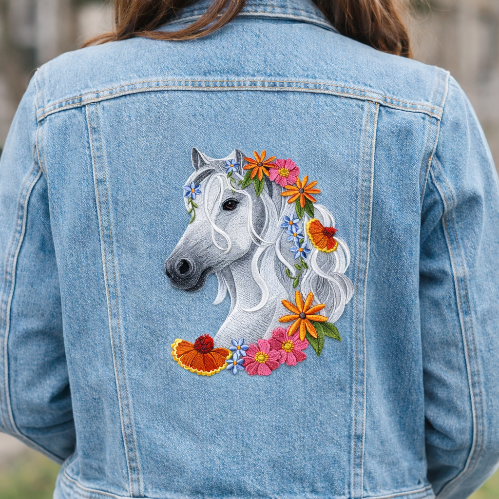 Horse in Wildflowers Embroidered Patch – Large Floral Horse Head Iron-On or Sew-On Applique, Felt Base with Polyenone Thread, Detailed Nature Design 7.8" x 5.86"
