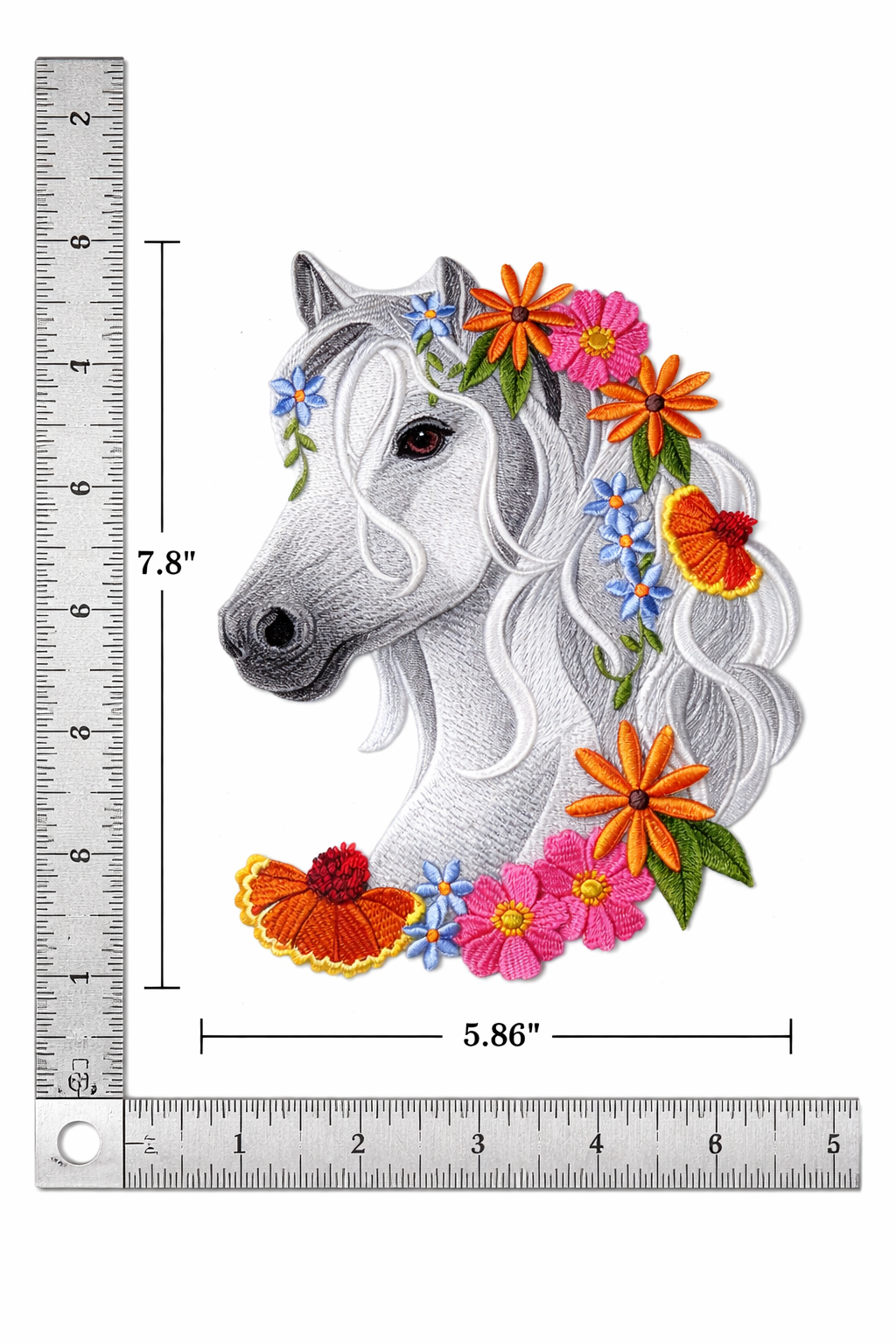Horse in Wildflowers Embroidered Patch – Large Floral Horse Head Iron-On or Sew-On Applique, Felt Base with Polyenone Thread, Detailed Nature Design 7.8" x 5.86"