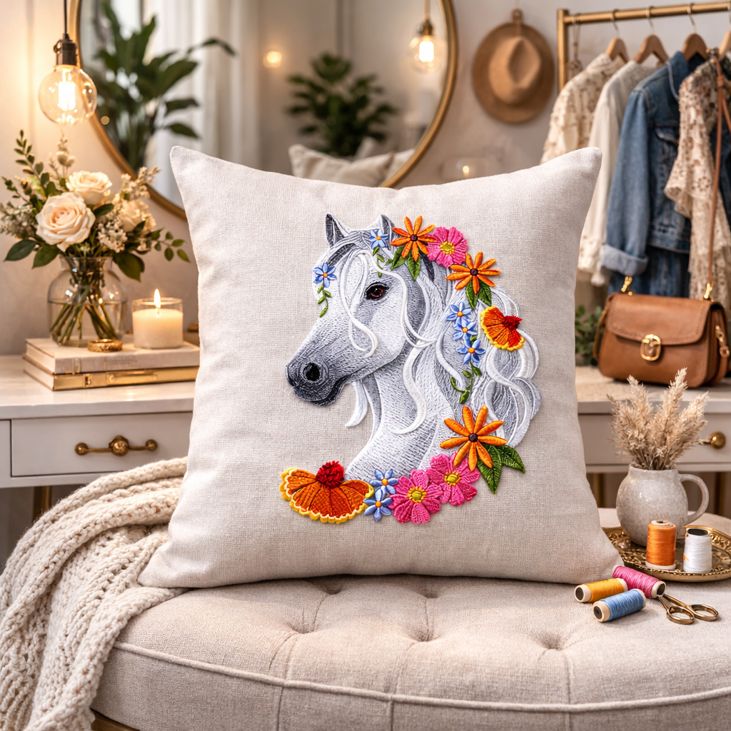 Horse in Wildflowers Embroidered Patch – Large Floral Horse Head Iron-On or Sew-On Applique, Felt Base with Polyenone Thread, Detailed Nature Design 7.8" x 5.86"