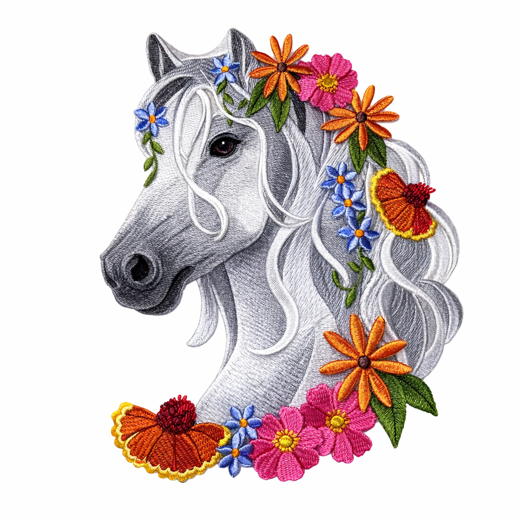 Horse in Wildflowers Embroidered Patch – Large Floral Horse Head Iron-On or Sew-On Applique, Felt Base with Polyenone Thread, Detailed Nature Design 7.8" x 5.86"